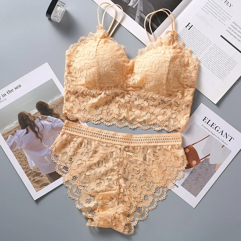 Women Lace Bra Set Sexy Lingerie French Bralette Lace Panties Cropped Bra Panty Set Female Intimates Seamless Underwear Set