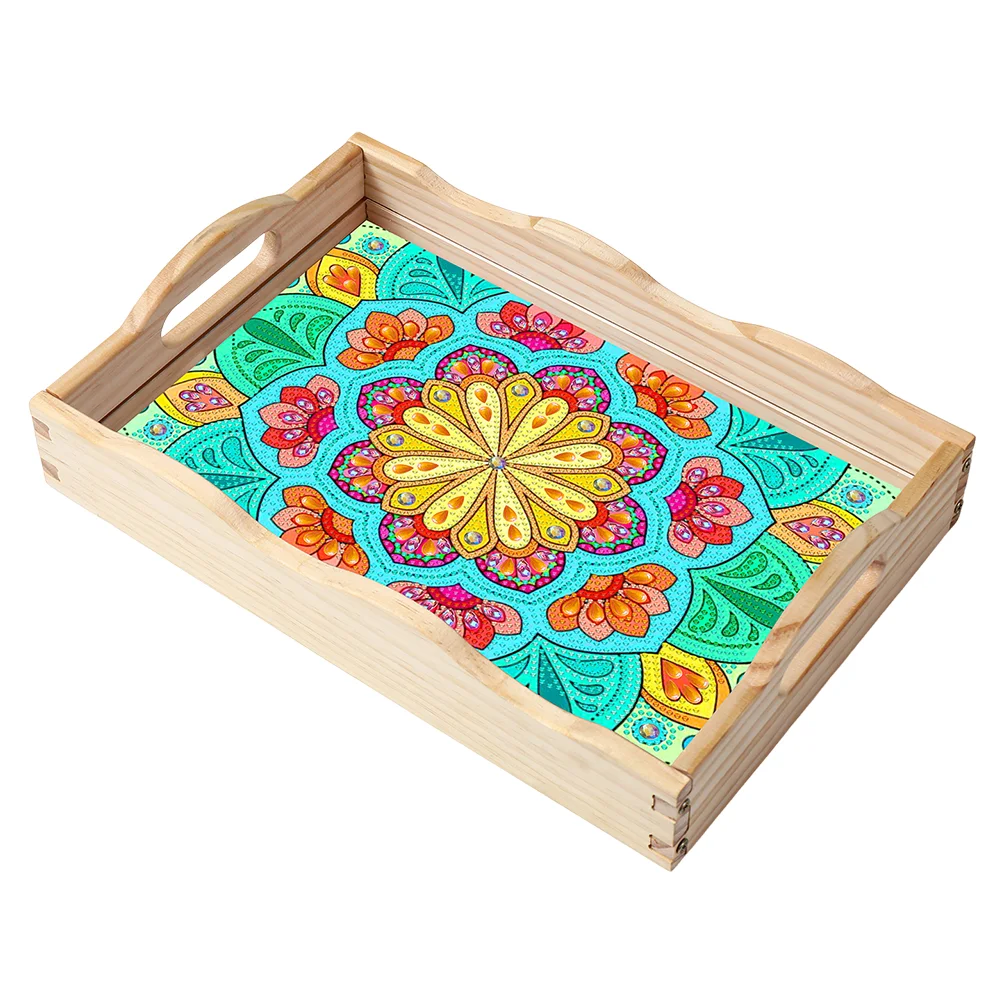 5D DIY Wooden Mandala Diamond Painting Serving Tray with Handle for Home Decor