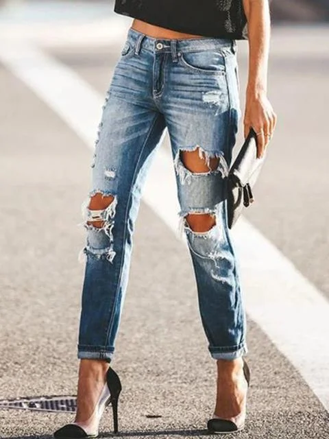 High waist Hole Straight Jeans