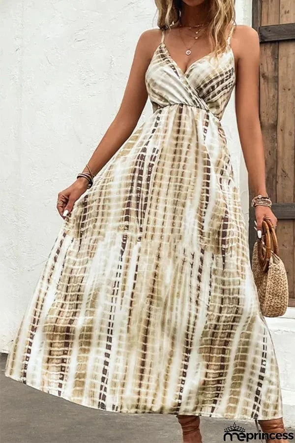 Printed V-neck With Suspenders Maxi Dress