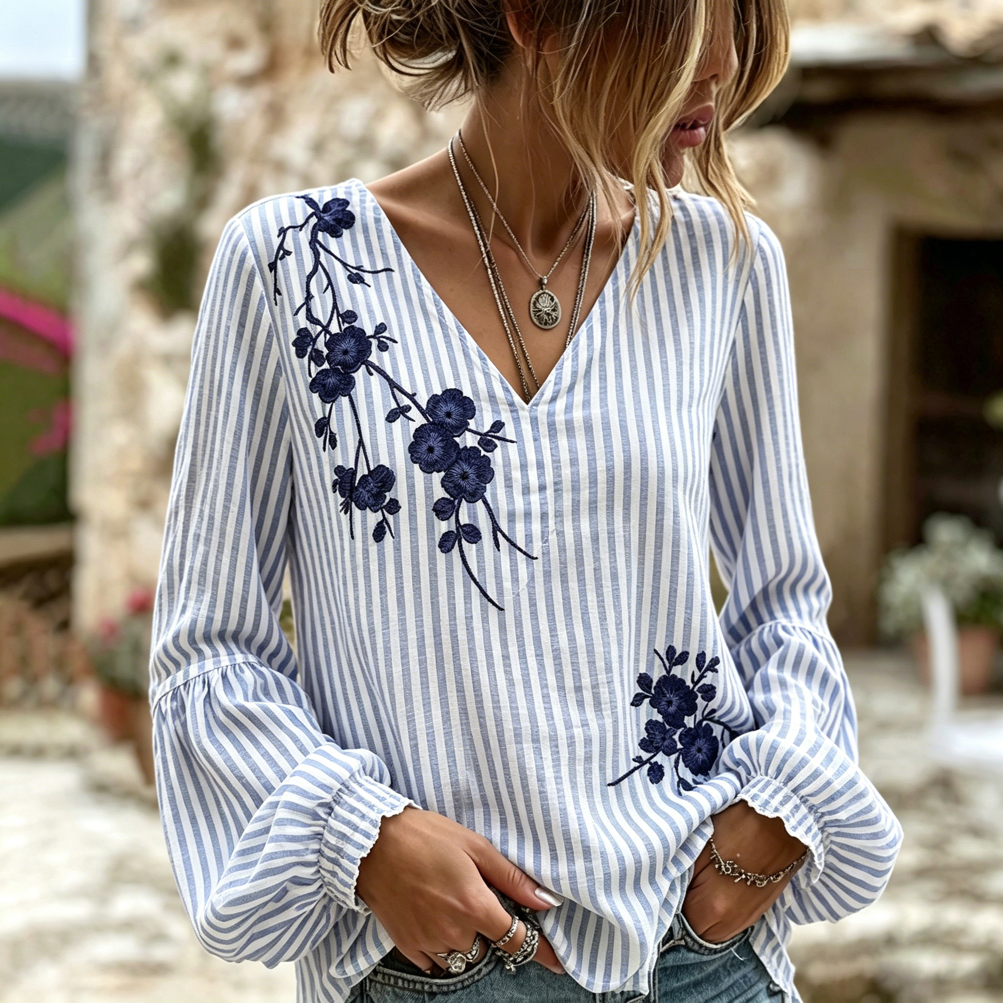 Vintage Plum Bossom With Stripe Art Casual V Neck Linen Tops elevenforest