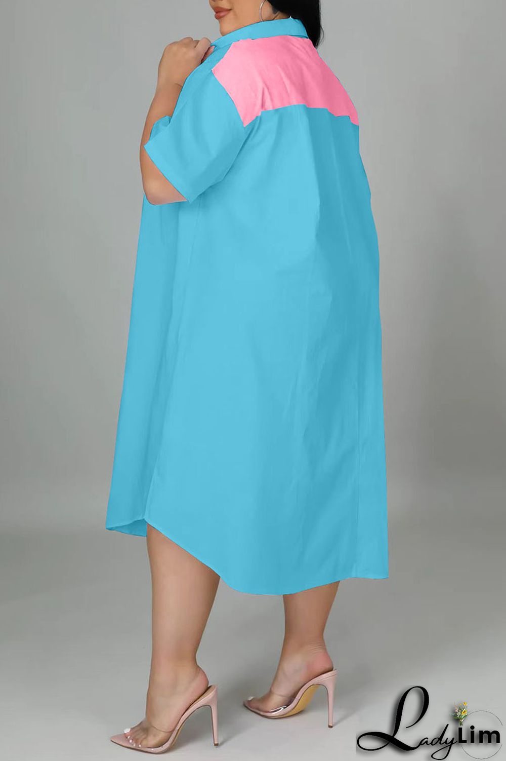 Light Blue Casual Solid Patchwork Zipper Collar Straight Plus Size Dresses