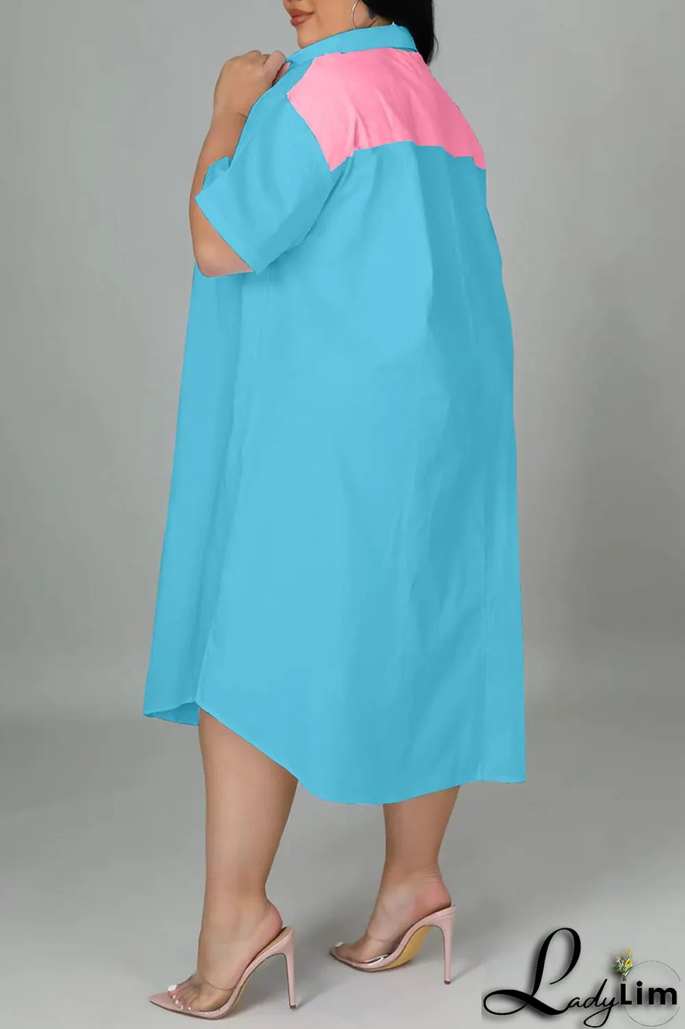 Light Blue Casual Solid Patchwork Zipper Collar Straight Plus Size Dresses
