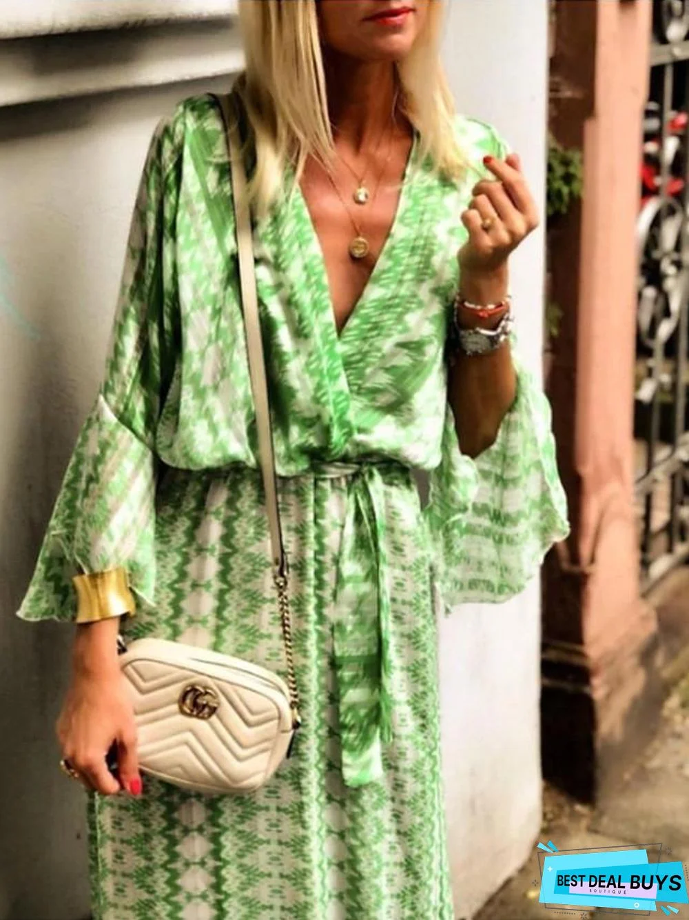 Women's Swing Dress Maxi Long Dress 3/4 Length Sleeve Geometric Print Spring Summer Boho Flare Cuff Sleeve Blushing Pink Green