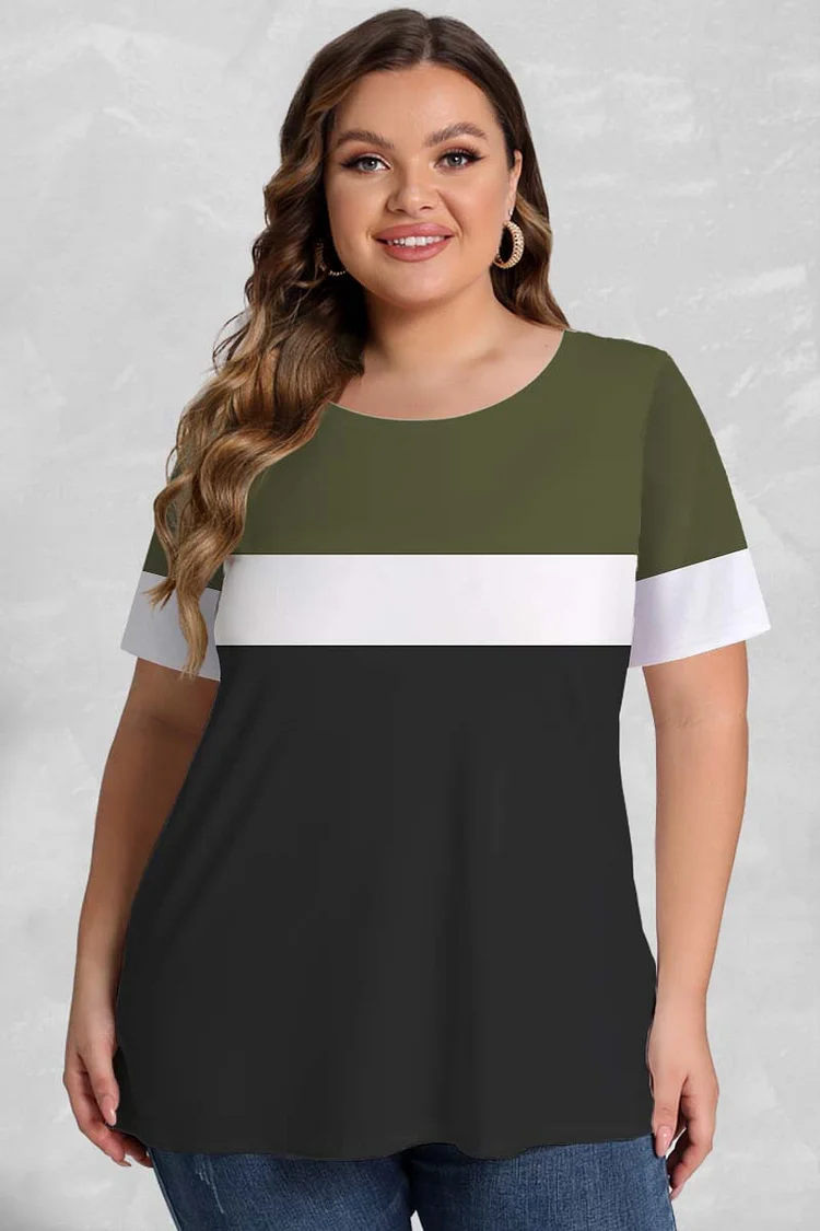 Plus Size Colorblock Short Sleeve Round Neck T Shirt FlyCurvy Flycurvy [product_label]