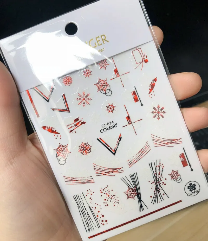 1PC 3D Nail Stickers Christmas Self-Adhesive Slider Sparkly Gold Red Snowflake Nail Art Decorations Decals Manicure Accessories-Nail Inspo