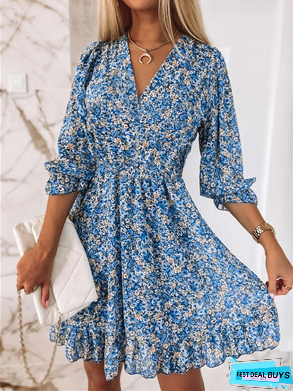 Waist Pullover Bohemian Print Short Sleeve Floral Dress