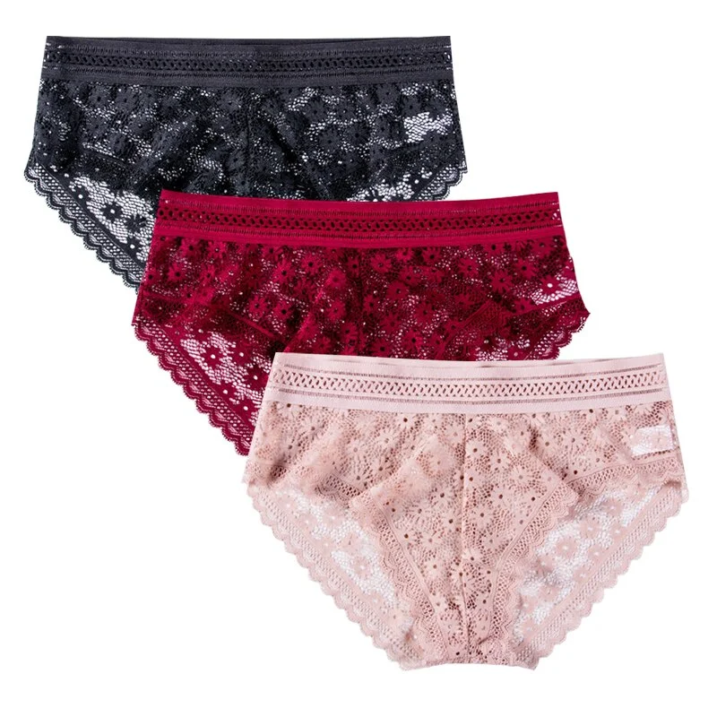 3pcs Sexy Lace Panties For Women Underwear Fashion Lingerie Breathable Hollow Out Underpants Female Low-Rise Daisy Briefs