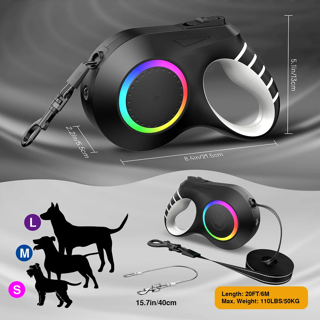 BEBANG Retractable Dog Leash with Light, 20ft Dog Leash Retractable with Chew Proof Wire Rope and Poop Bag Dispenser