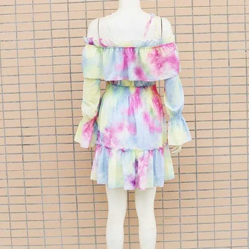 Spring Slash Neck Print Dress Women Ruffle Patchwork Tie Dye A-Line Dress  Long Sleeve Sling Dresses Mini Party Vestidos