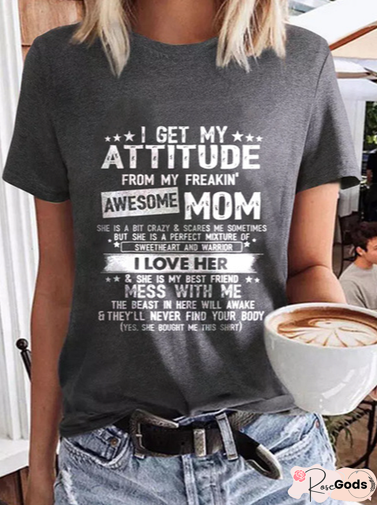 I Get A Awesome Mom Print Crew Neck Casual Cotton Blends T-Shirt