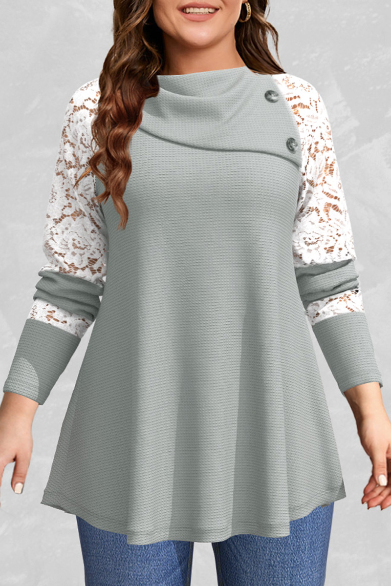 Flycurvy Plus Size Casual Light Lace Stitching Button Heaps Collar Blouse 2024 - Flycurvy 