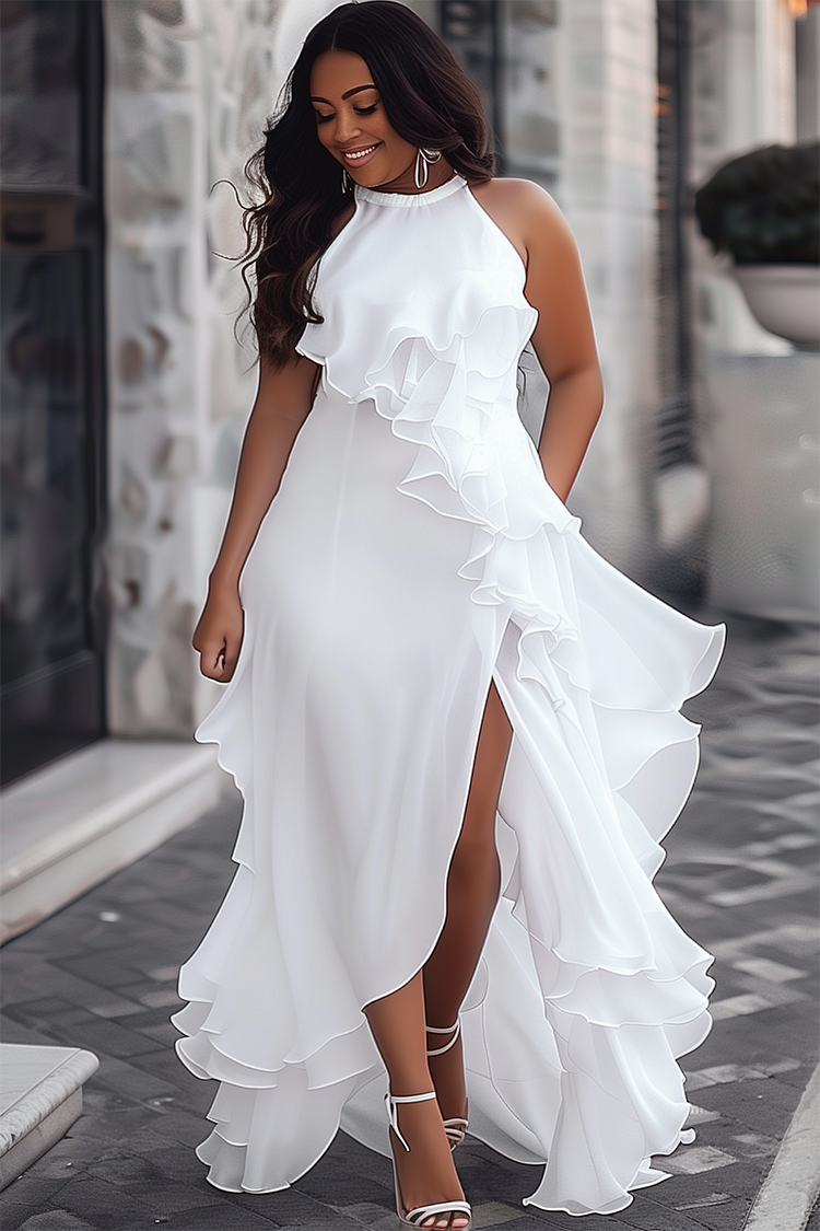 Xpluswear Design Plus Size Wedding White Halter Collar Split Ruffle Maxi Dresses [Pre-Order]