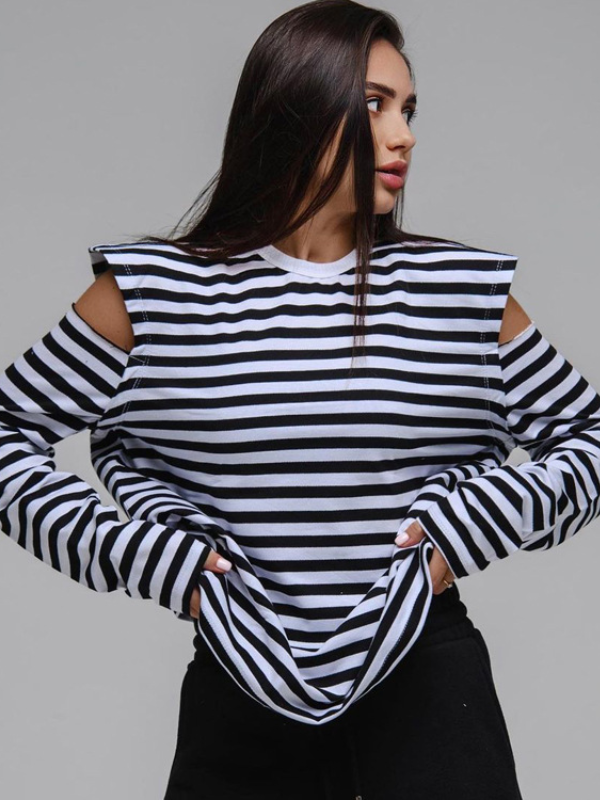 Striped Round Collar Long Sleeved Off-The-Shoulder Fashion Loose T-shirt