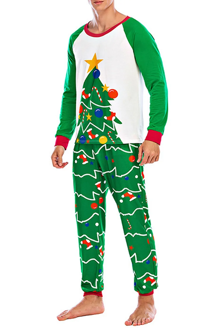Christmas Tree Print Colorblock Pajamas Two Piece Set