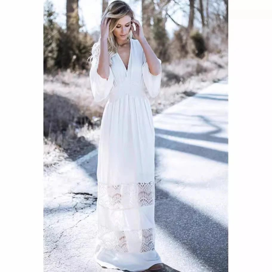 Uveng Uveng Spring And Summer Female Bohemian Beach White Cotton Wrinkled Dress Solid Color Long Dress