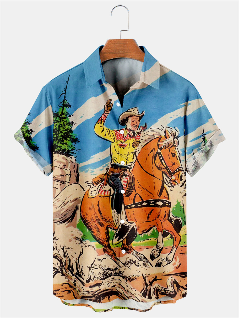 Men's Large Size Simple Casual Retro Western Cowboy Poster Contrasting Color Shirt With Pockets PLUSCLOTHESMAN