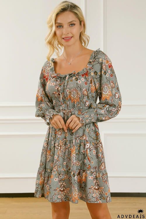 Printed Smocked Lantern Sleeve Tiered Dress