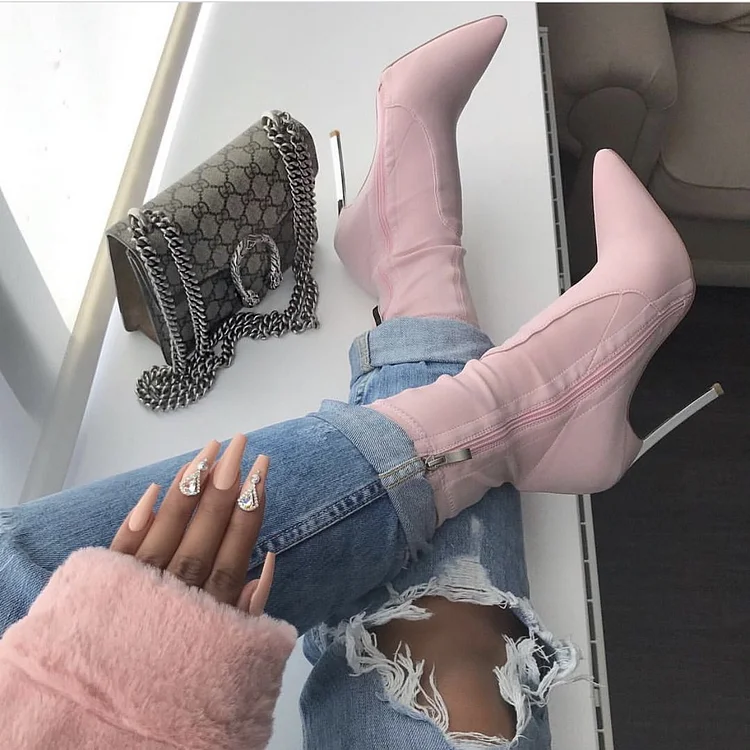 Pink Lycra Fall Booties Pointed Toe Stiletto Heel Sock Boots |FSJ Shoes