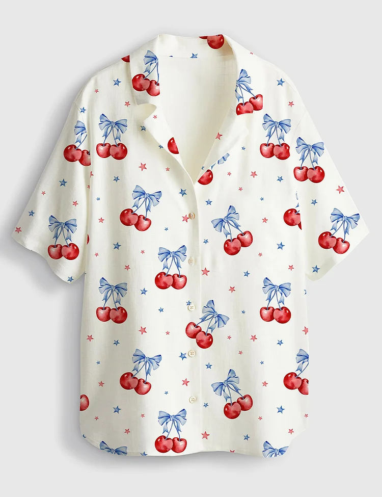 Women's Cherries Be For 4th Of July Short Sleeve Linen Blend Hawaiian Shirt 