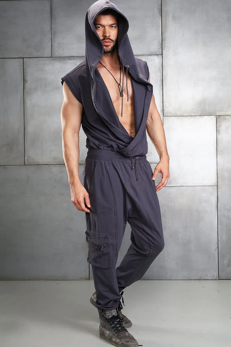 Casual Deep V Neck Loose Fit Hooded Jumpsuit
