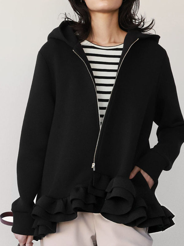Ruffle Hem Zip-Up Hoodie