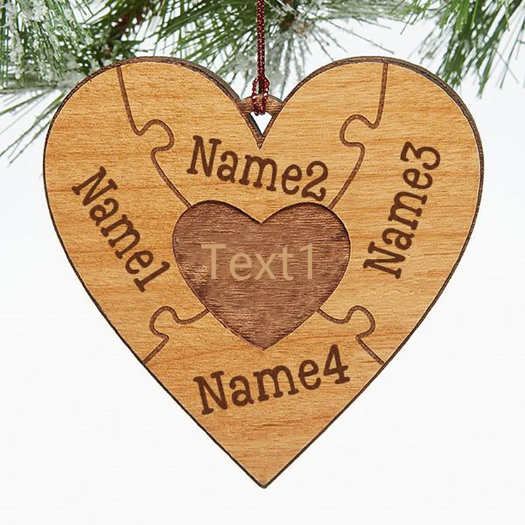 Heart Puzzle Ornament Personalized 4 Names Wooden Family Ornament