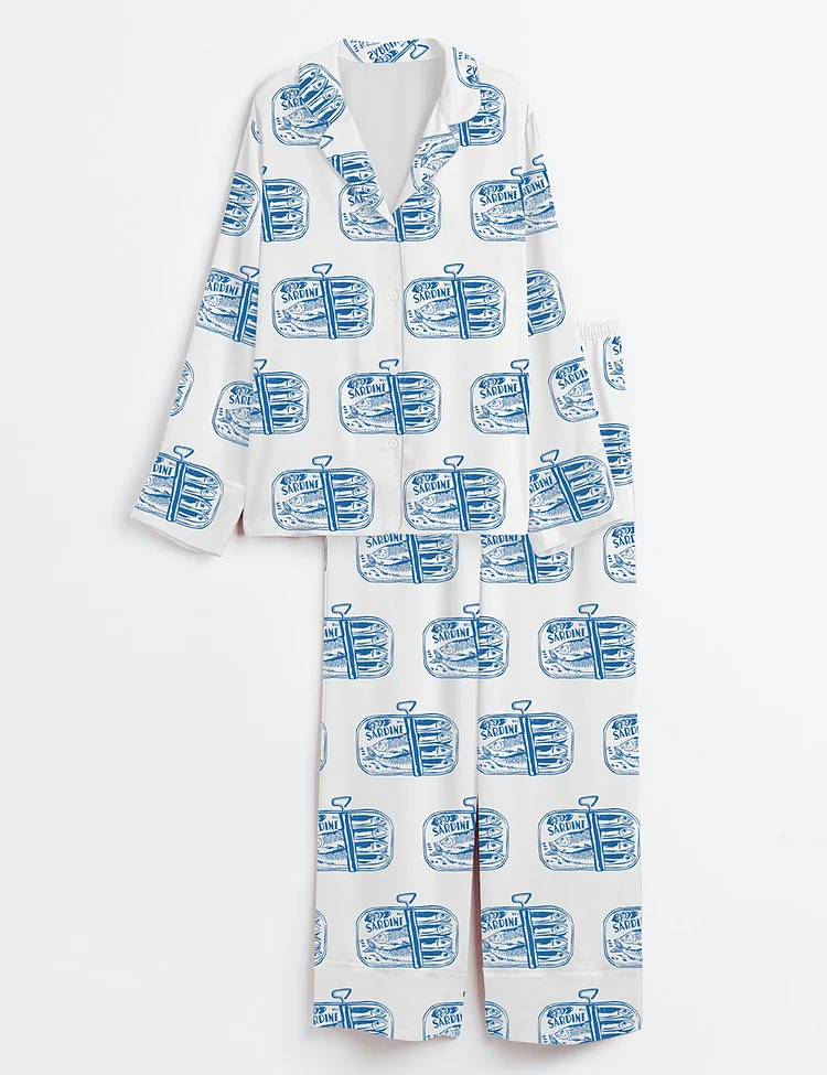 Women&rsquo;s Sardines Tinned Fish Portugal Vintage Sardine Coastal Aesthetic Europe Travel Print Long Sleeve Satin Pajama Set