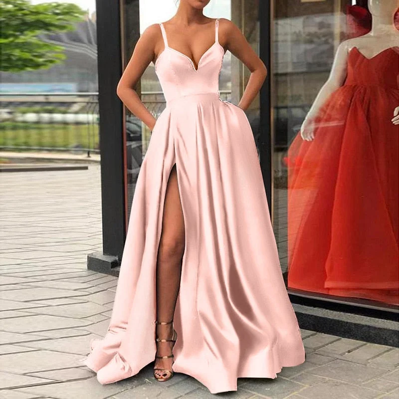 Stylish V Neck High Split Hem Long Sundress ZANZEA Sexy Women Summer Party Dress Casual Slim Solid Stain Vestidos Slip Dresses
