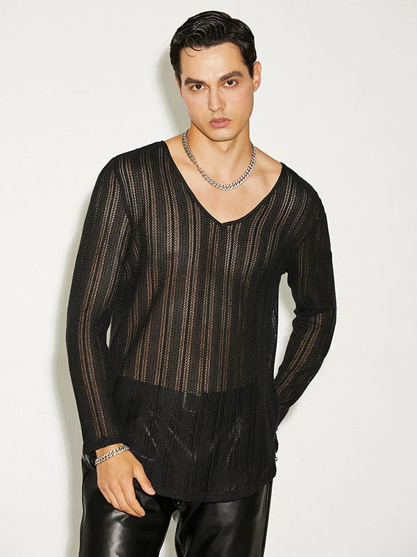 Mens Mesh See Through Striped Long-Sleeve T-Shirt SKUJ23099