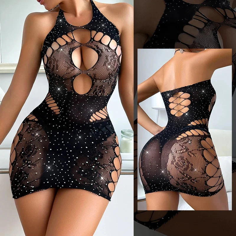 Woherb Black Sequin Fishnet Bodysuit Tights Lingerie-Outfit Ideas