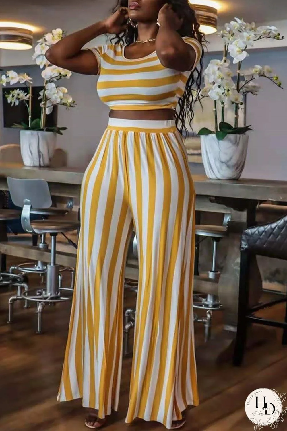 White Yellow Fashion Casual Striped Print Basic O Neck Short Sleeve Two Pieces
