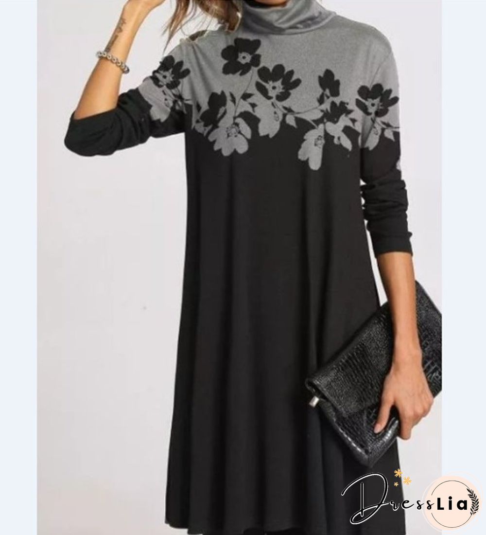 Printed Half-turtleneck Long Sleeve Dress Black Dresses