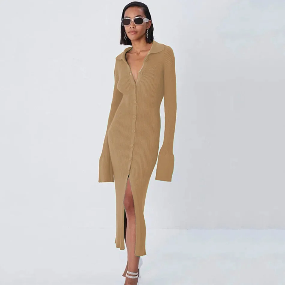 Oocharger Autumn Winter Elegant Knit Rib Bodycon Dress Office Lady Long Sleeve Lapel Button down Midi Dress Party Casual Women Wear