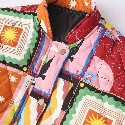 Nigikala Nigikala And Winter New Women's Baseball Collar Print Cotton Jacket Loose Leisure Cotton Coat