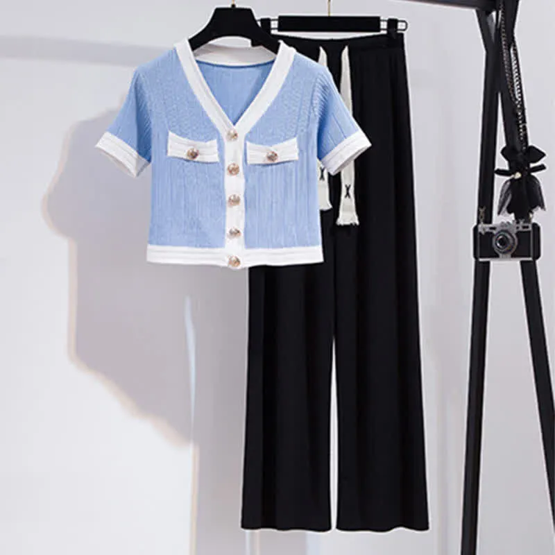 V-neck Cardigan Crop T-Shirt Drawstring Casual Pants