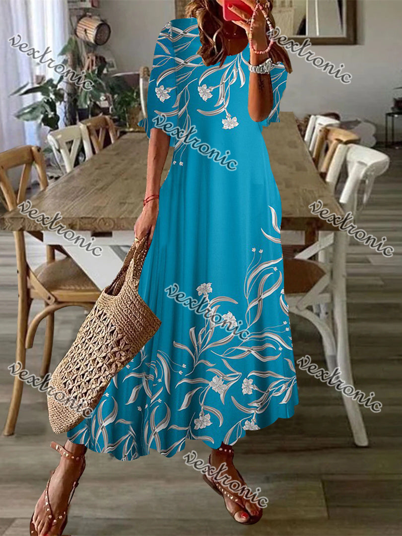 Women's Blue Scoop Neck Half Sleeve Graphic Floral Printed Pockets Maxi Dress