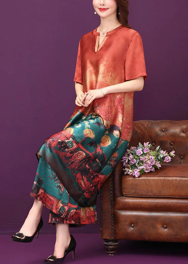 Beautiful Red O-Neck Print Silk Long Dress And Straight Pant Two Piece Set Summer