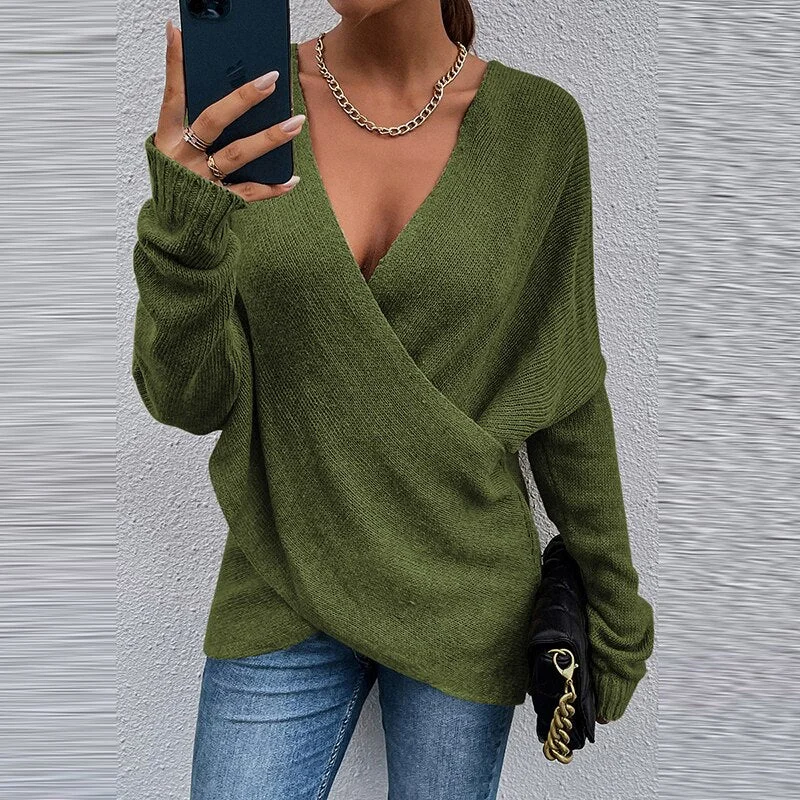 Sexy Women V Neck Criss Cross Patchwork Sweater Autumn Casual Loose Long Sleeve Pullovers Female Solid Lace Knitted Jumper Tops