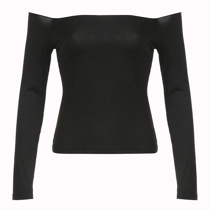 Uveng Uveng One Word Shoulder Sexy Off The Shoulder Slim Long-Sleeved T-Shirt Slim Hot Girl Pure Color Short Top