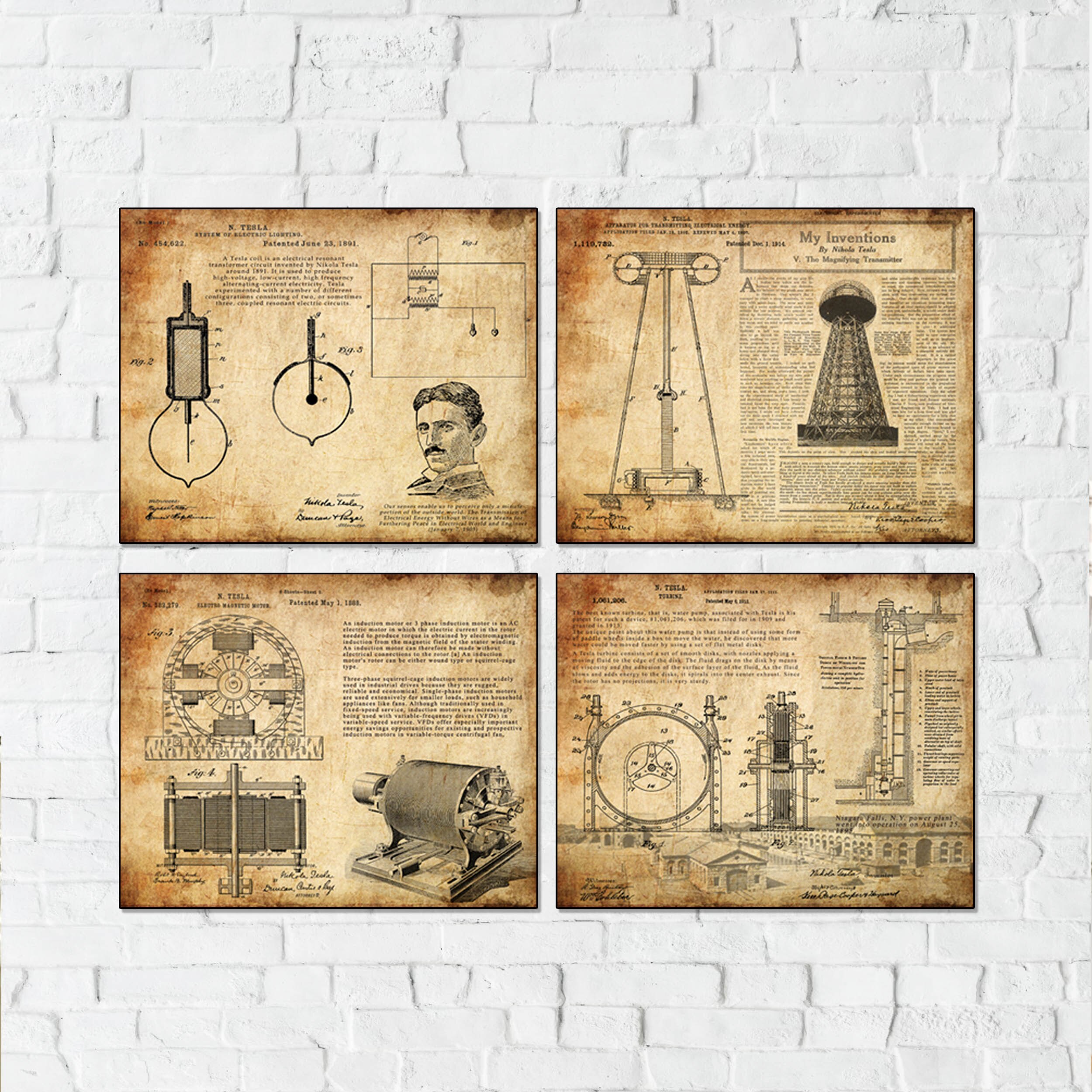 Vintage patent art prints on Telsa coil tower battery trubine motor wall decor prints 4 in 1 unframed