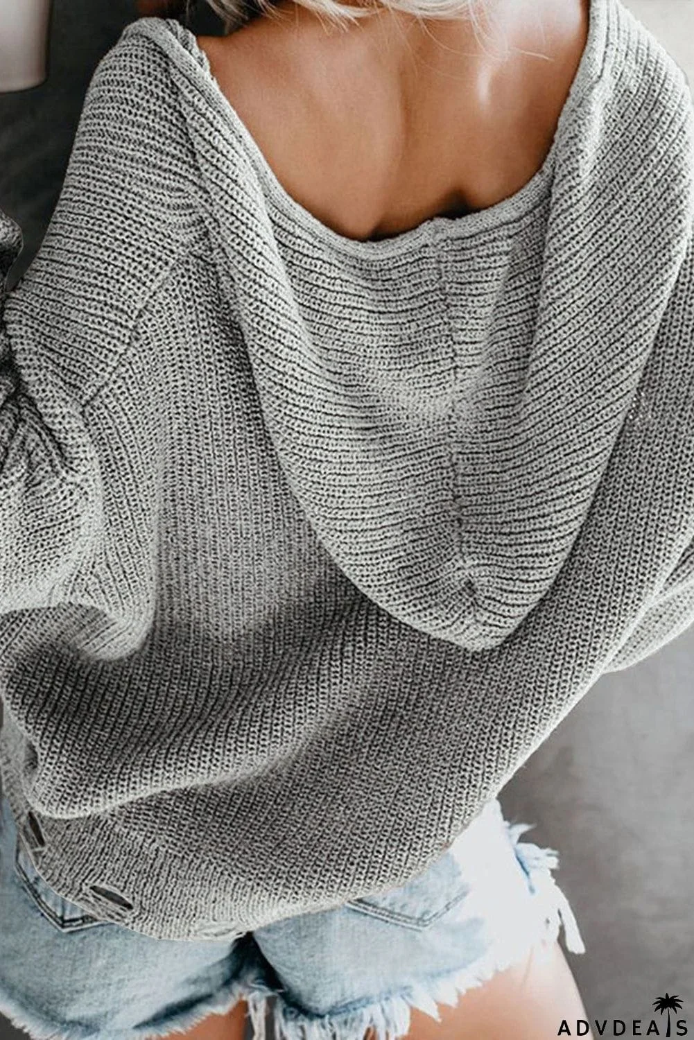 Zipper V-neck Dropped Sleeve Hooded Solid Sweater