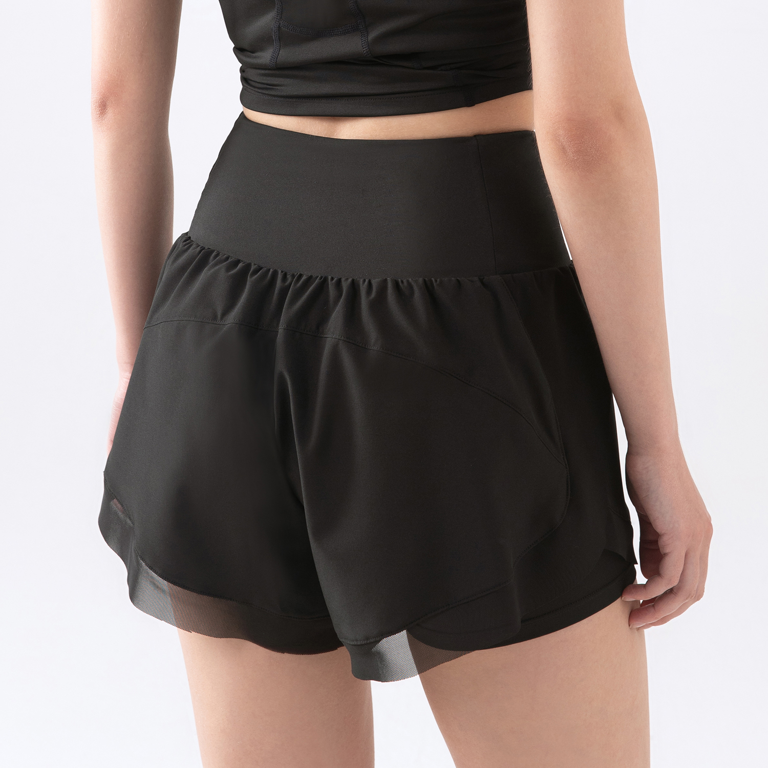 Buy Hergymclothing Black fake 2 pieces mesh patchwork high waist casual gym shorts with pockets online
