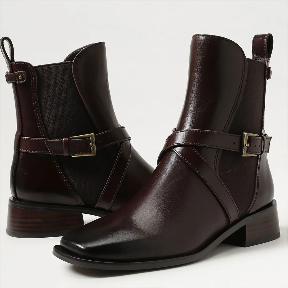 Brown Faux Leather Square Toe Buckle Pull On Booties for Women