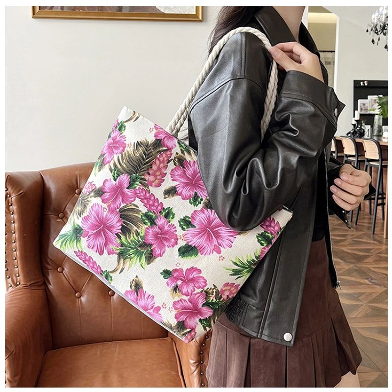 Women’s Canvas Flower Classic Style Square Zipper Tote Bag