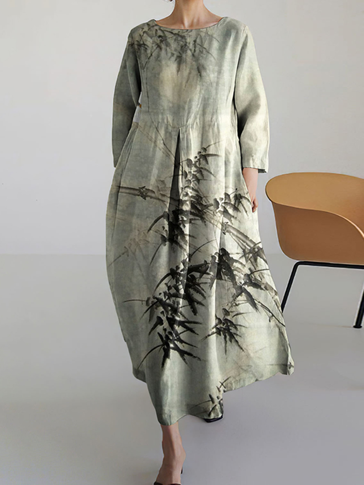 Comstylish Women Japanese Art Bamboo Pattern Linen Blend Maxi Dress