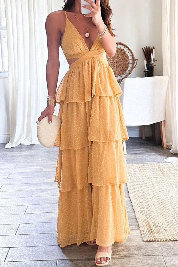 Solid Color Sweet Cutout Tiered Maxi Dress