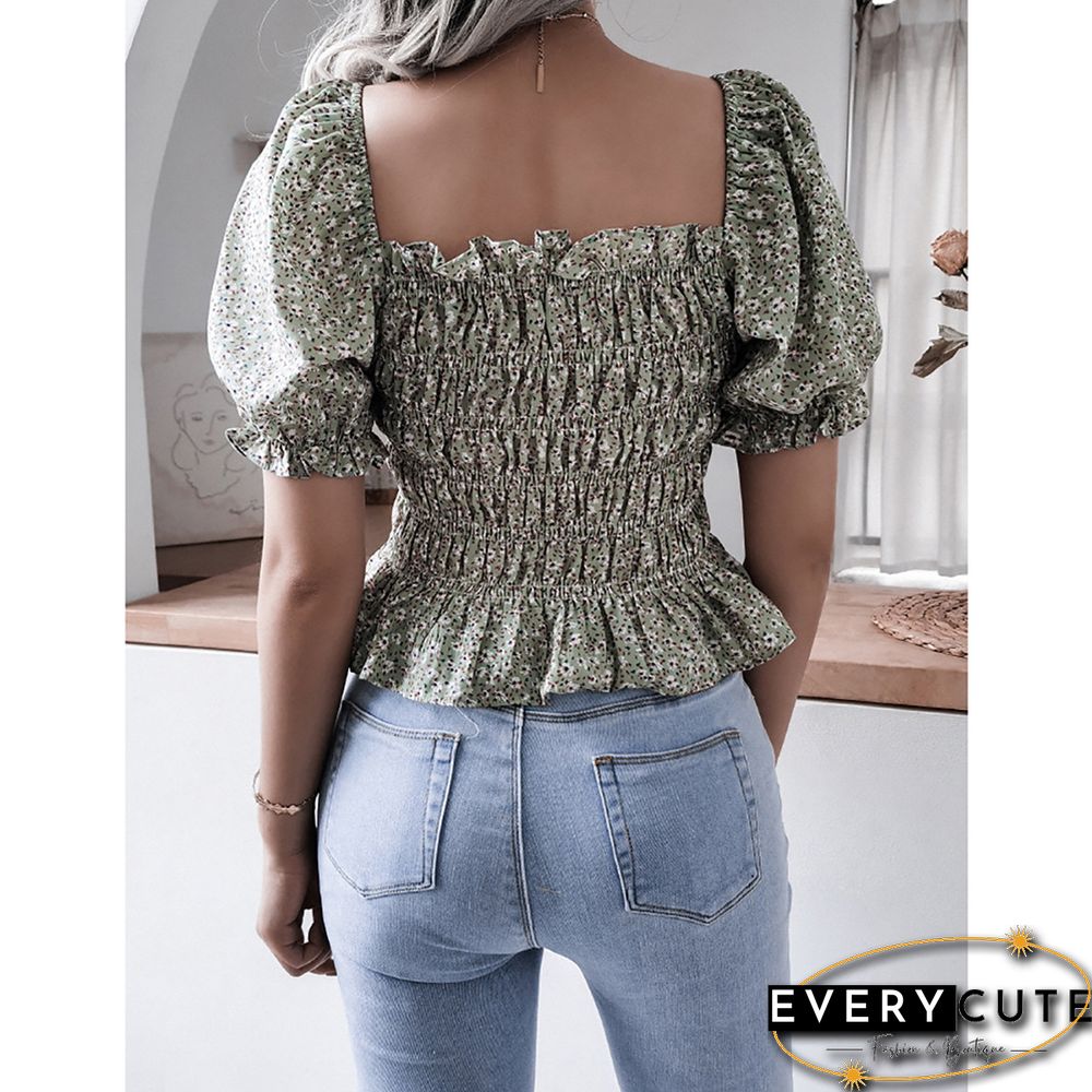 Green Square Neck Floral Print Chiffon Blouse