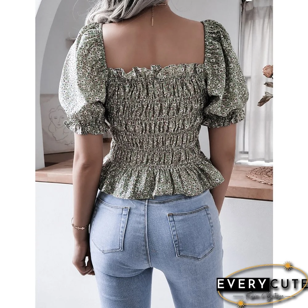 Green Square Neck Floral Print Chiffon Blouse