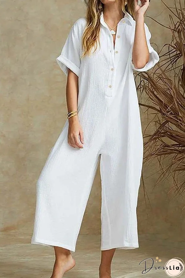 SHORT SLEEVE V NECK JUMPSUIT BUTTON DOWN TURNDOWN COLLAR WIDE LEG JUMPSUIT